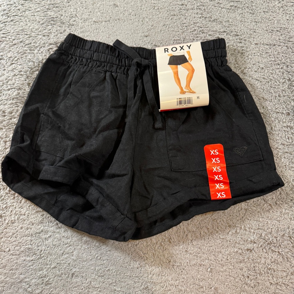 Roxy Linen Blend Shorts Womens XS Black Casual Beach Drawstring Pockets NWT